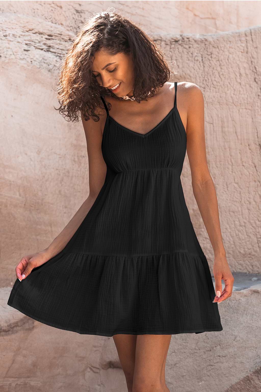 Black Sleeveless V-Neck Slip Mini Dress