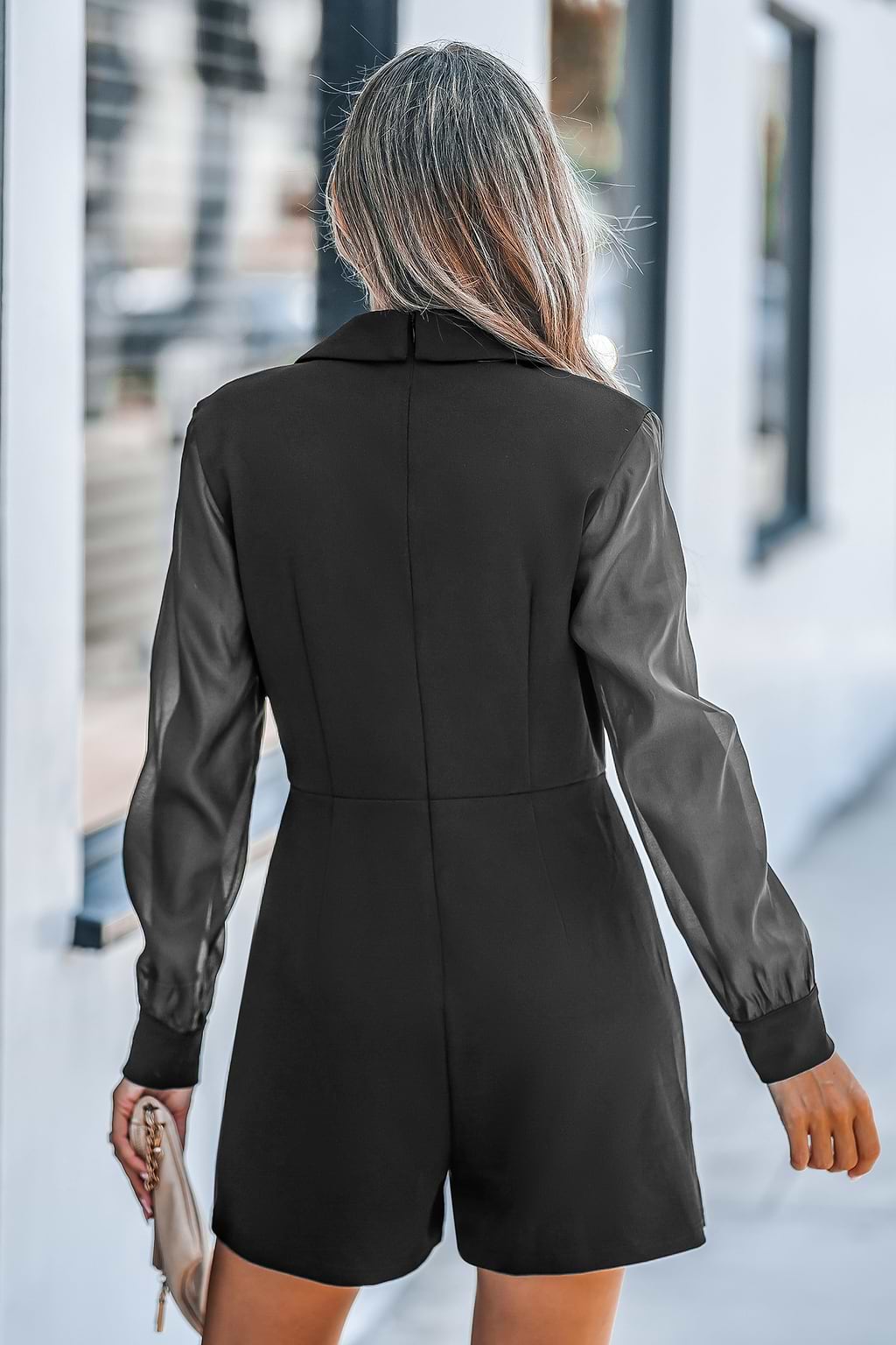 Black Collared Sheer Sleeve Straight Leg Romper