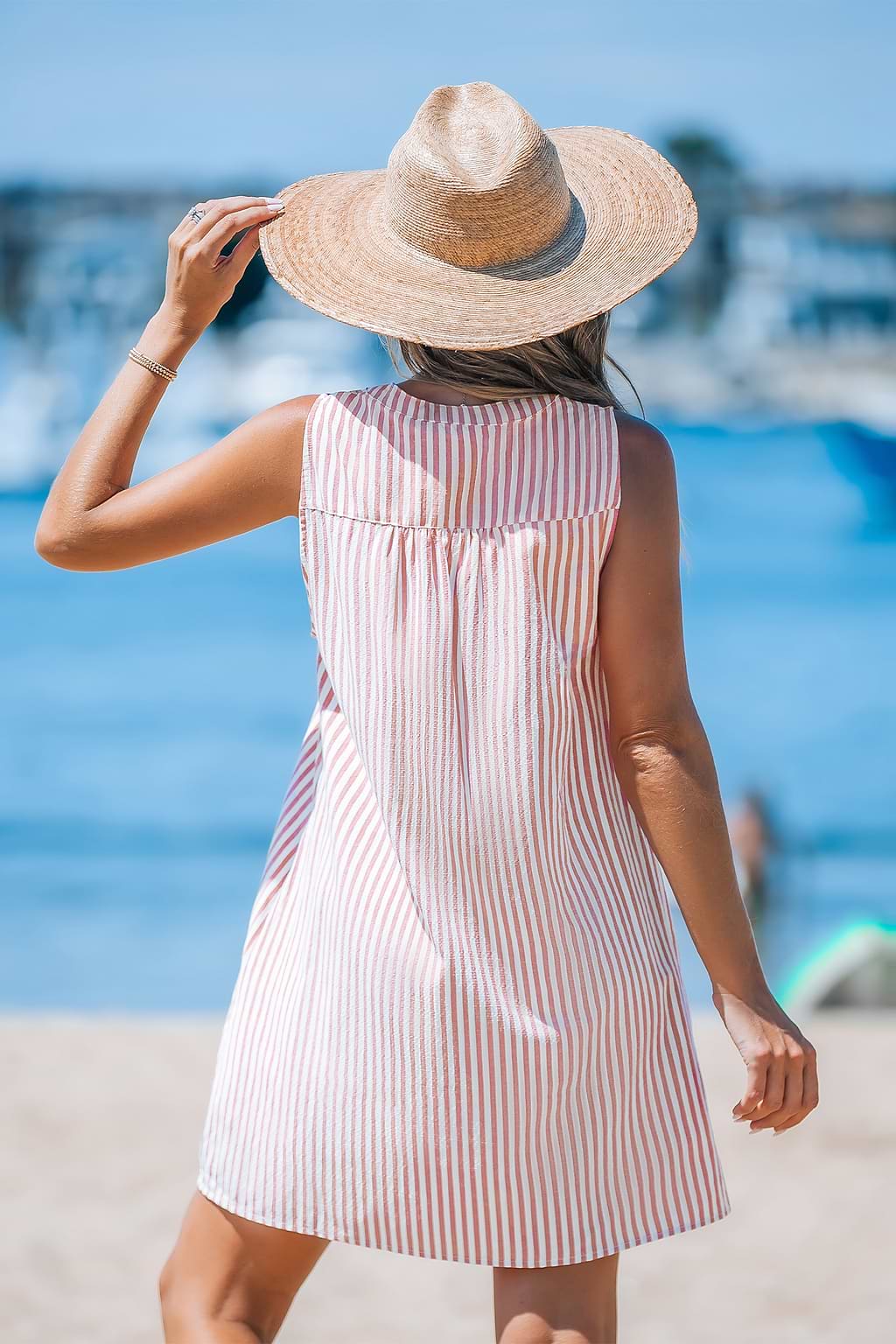 Pink Stripe Sleeveless V-Neck Mini Dress