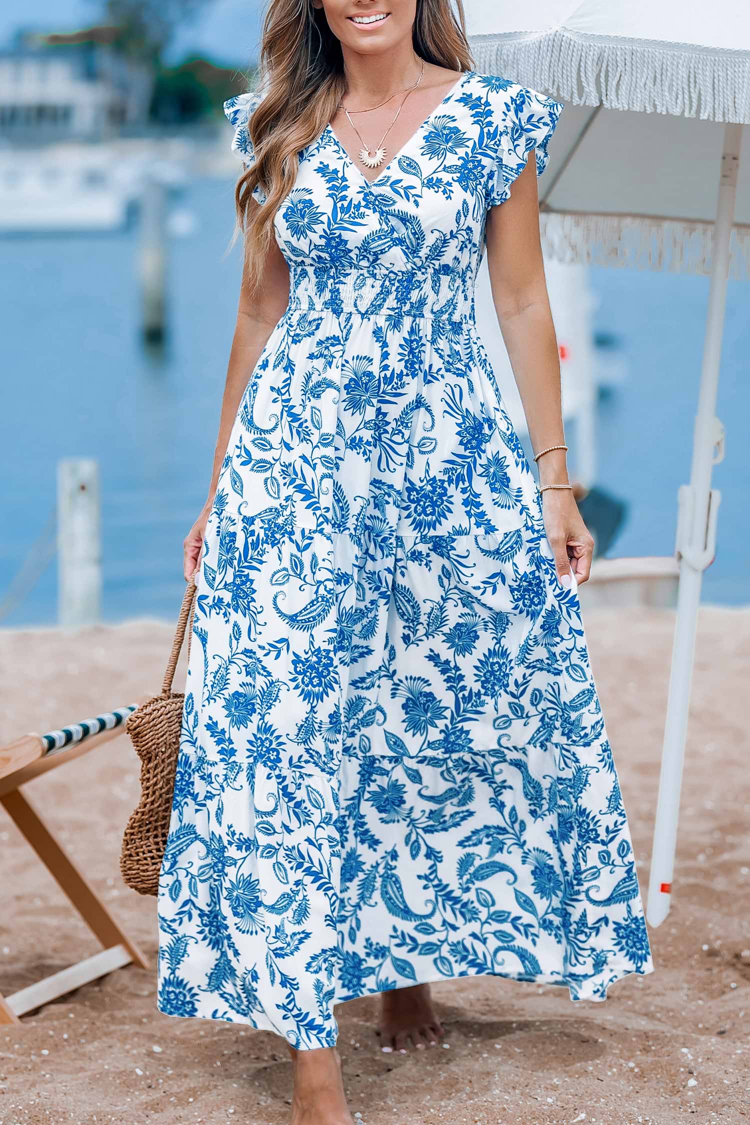 Blue & White Floral Flutter Sleeve Maxi Dress