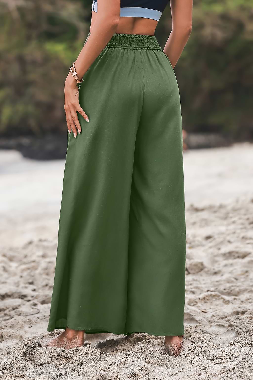 Green Smocked Waist Wide Leg Cover-Up Pants