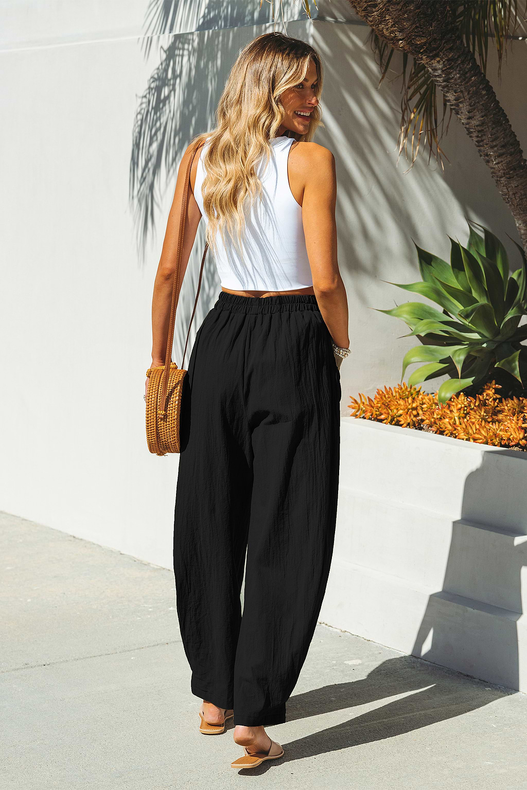 Black Elastic Waist Tapered Leg Pants