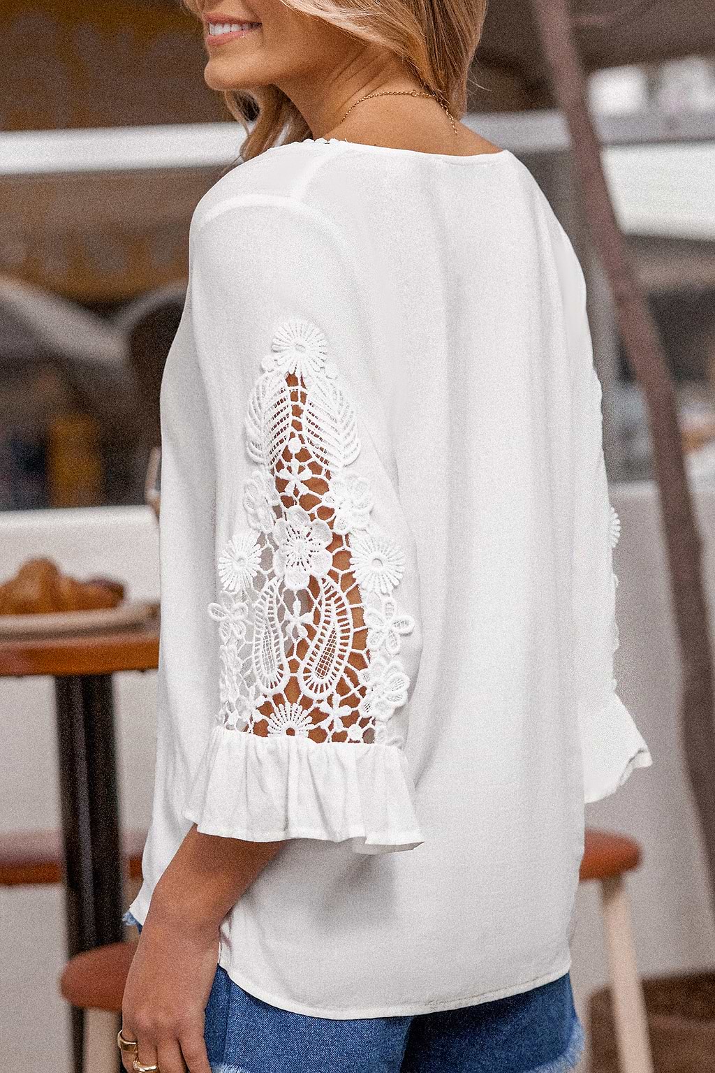 White Flared Lace Ruffle Sleeve Blouse