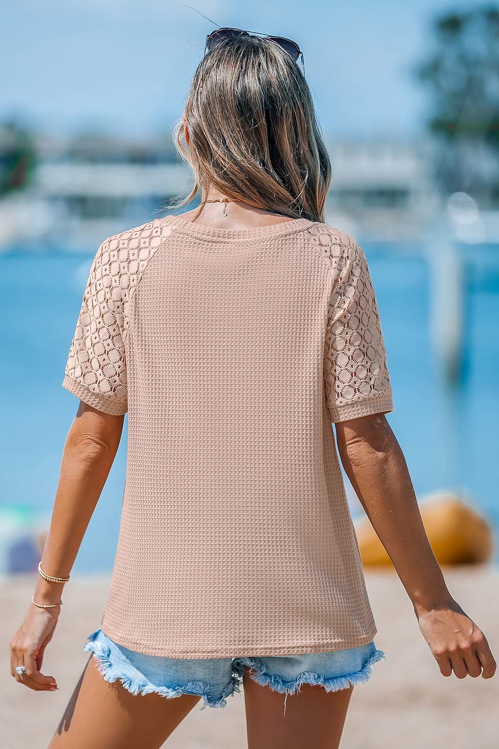 Neutral Waffle Knit Lace Sleeve Twist Tee