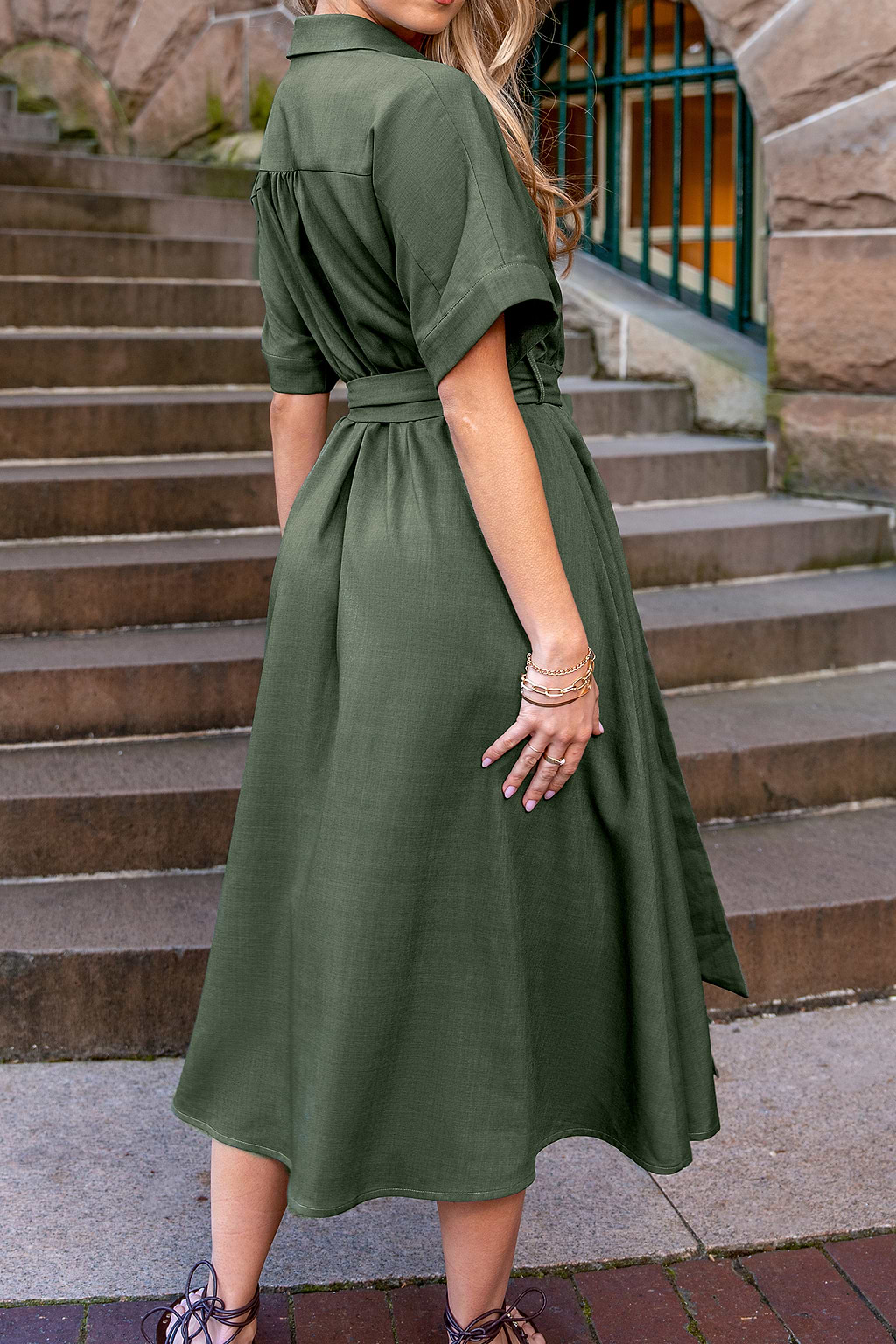 Green Collared Short Sleeve Midi Dress