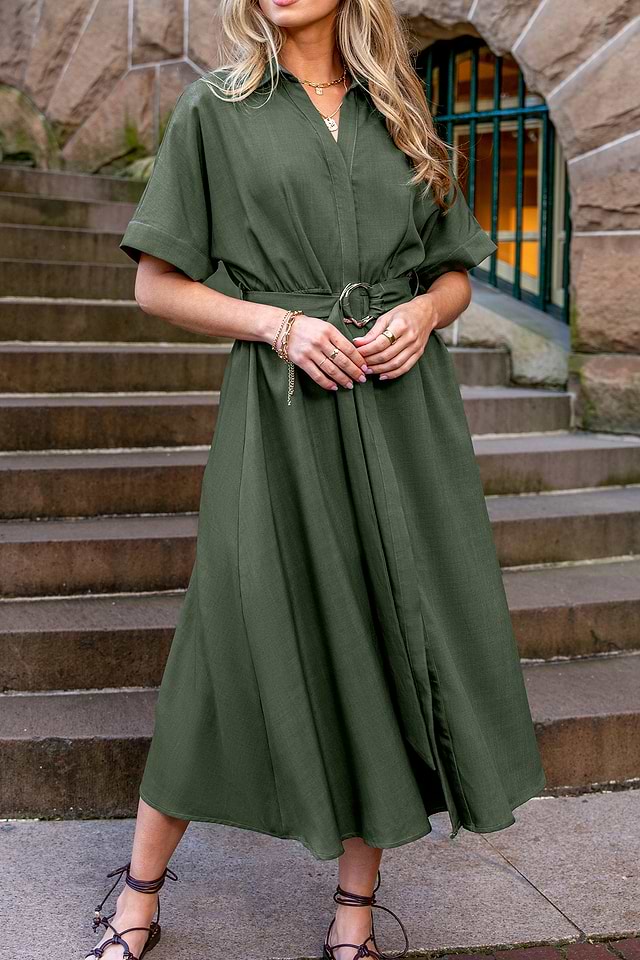 slim fit dress slacks Green Printed Ruched Short Sleeve Midi Dress – AX Paris
