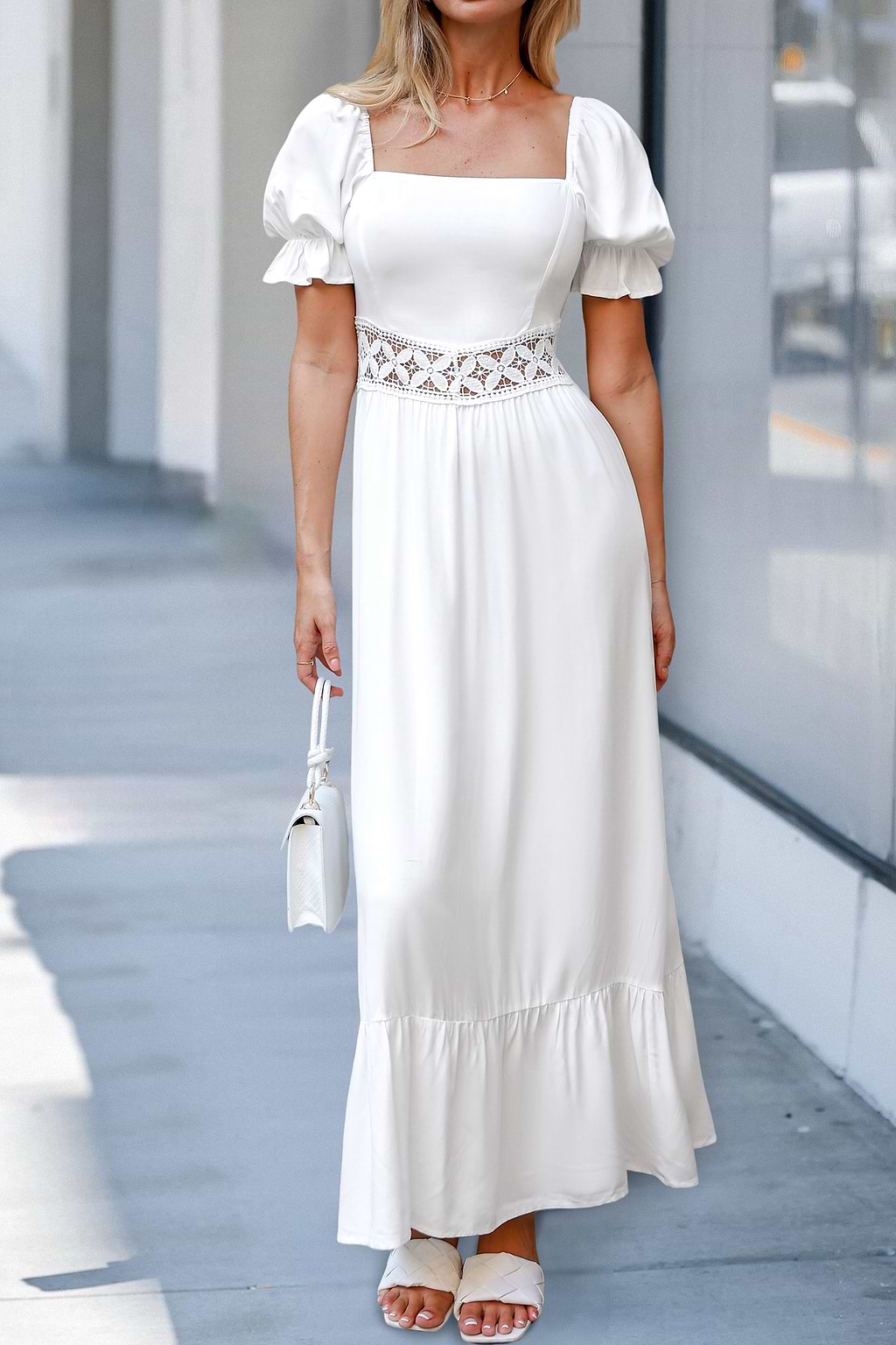White Square Neck Puff Sleeve Maxi Dress