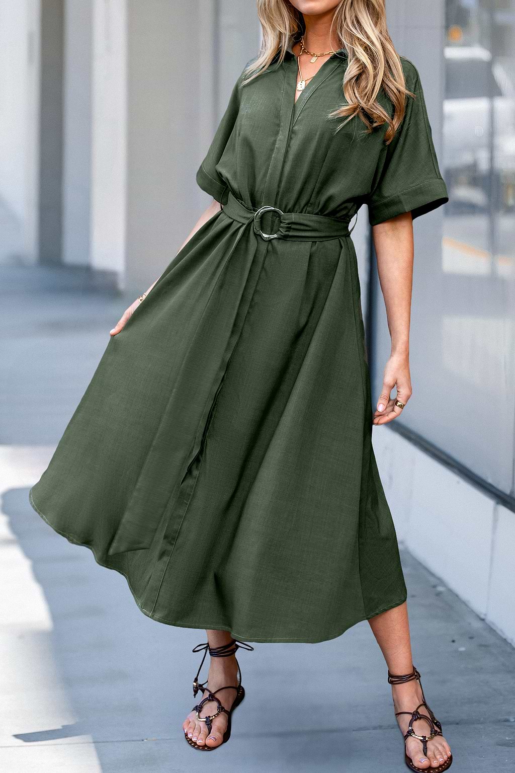 Green Collared Short Sleeve Midi Dress
