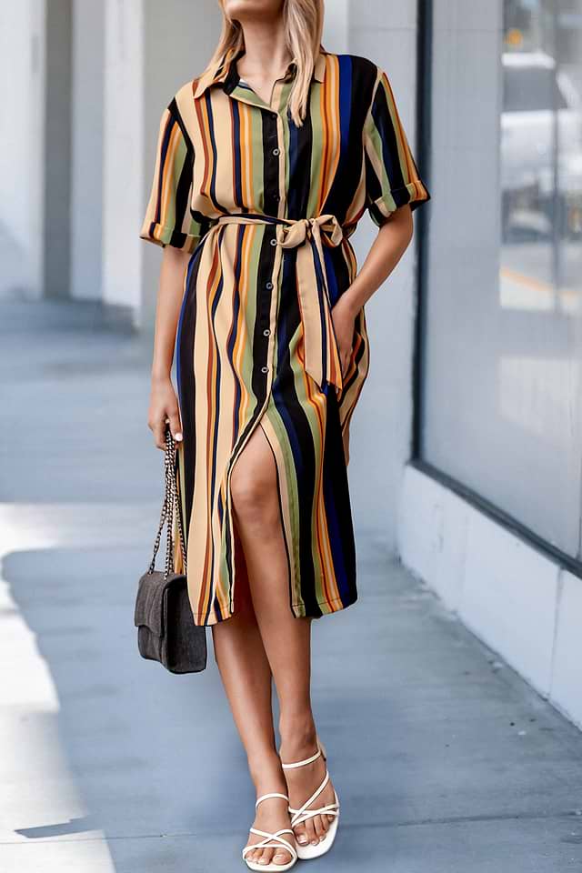 stripe button midi dress Blue Stripe Button-Front Midi Dress | Tie Waist & Pockets