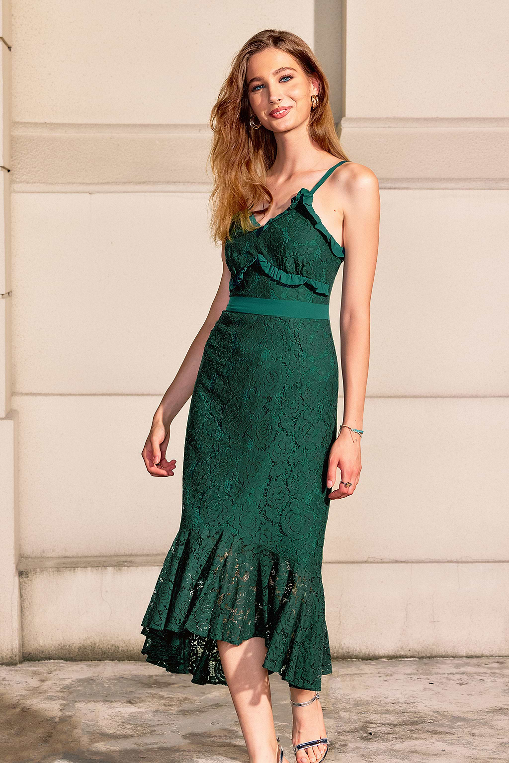 Olive Lace Sleeveless Mermaid Hem Midi Dress