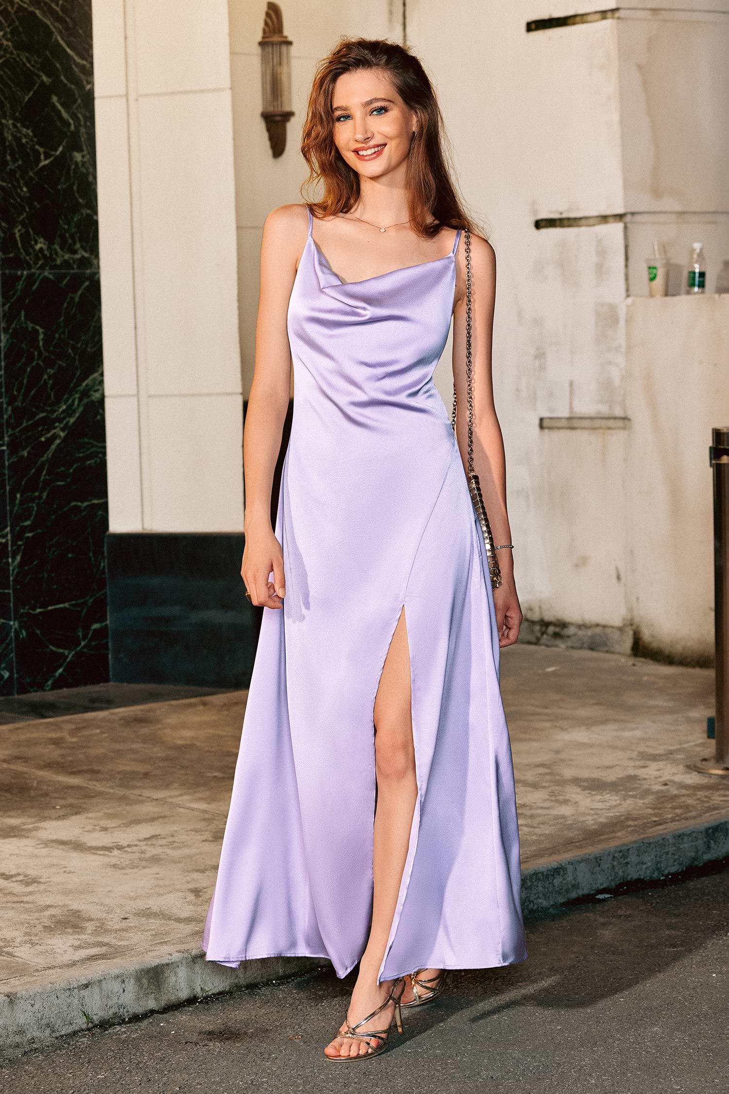 Lavender Cowl Neck Satin Dress