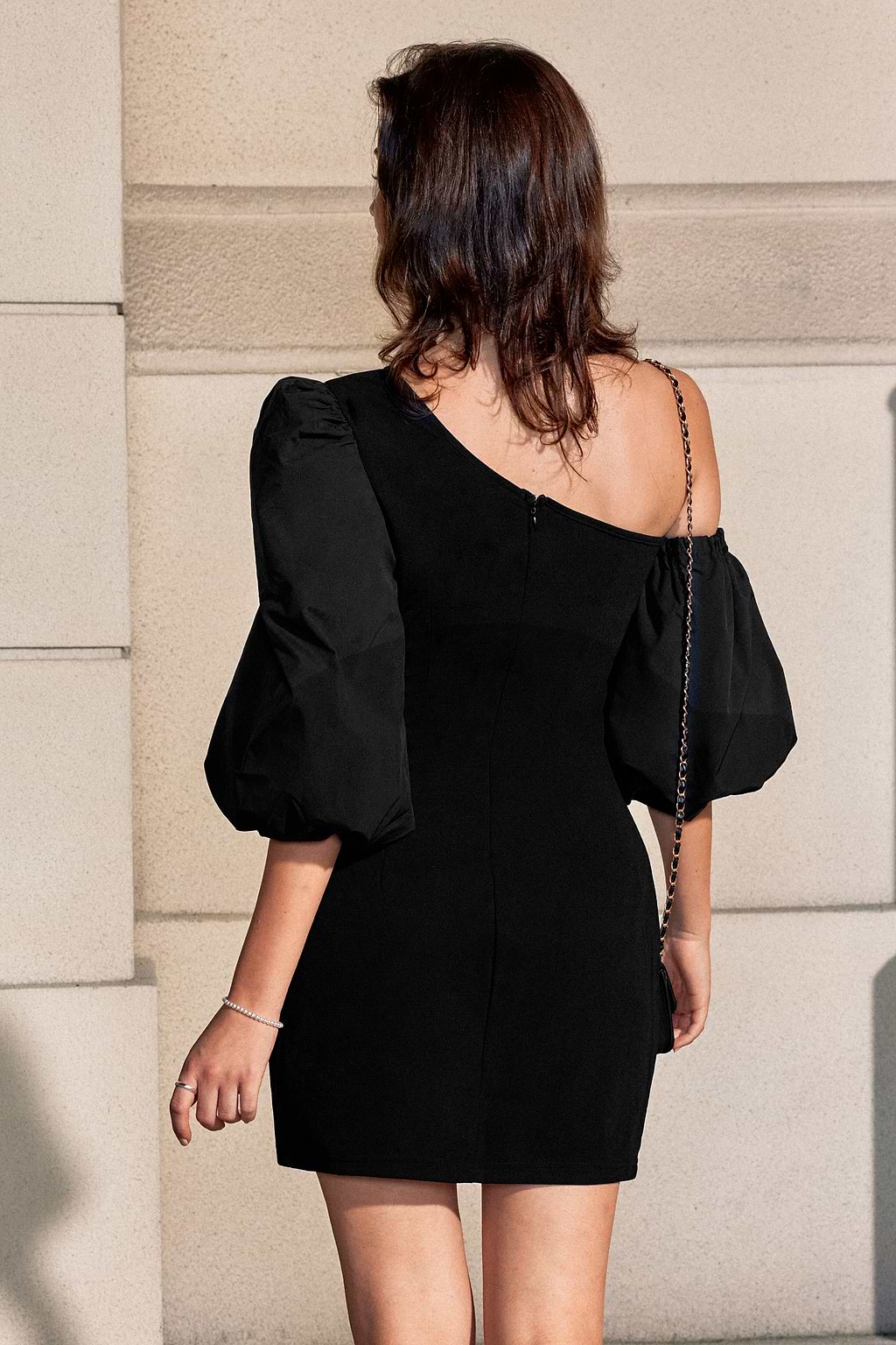 Black One-Shoulder Puff Sleeve Mini Dress