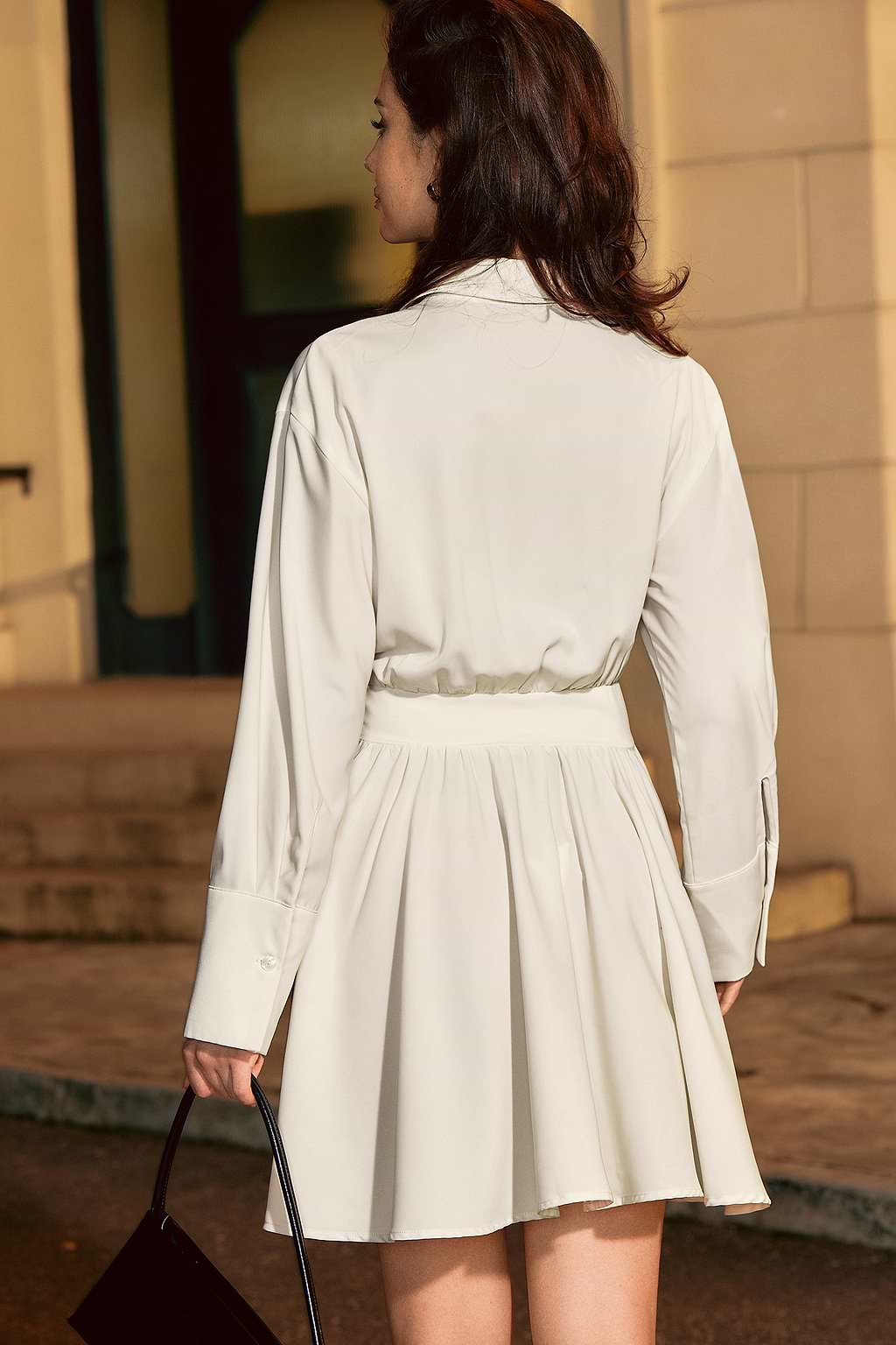 Aprikose langärmeliges Minikleid mit Cinch-Taille und Kragen