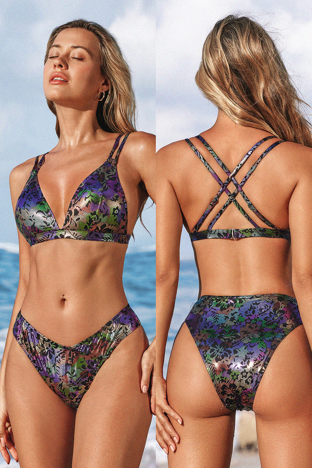 Floral Print Metallic Bikini Top & V-Front Low-Rise Bottoms Set
