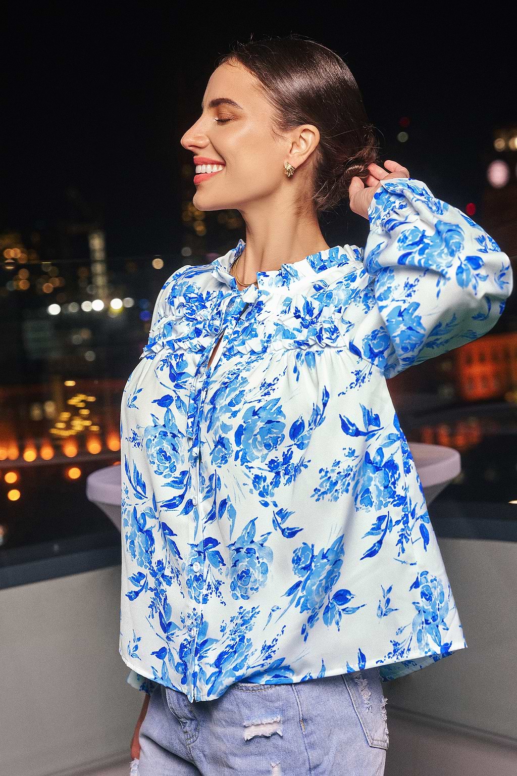 Blue & White Floral Split Neck Puff Sleeve Blouse