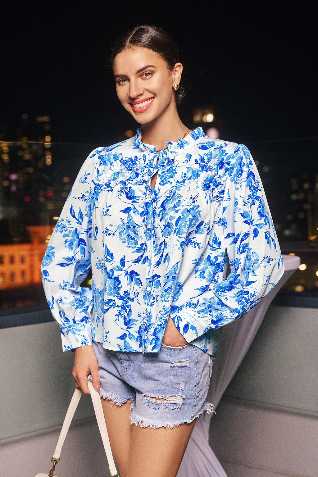 Blue & White Floral Split Neck Puff Sleeve Blouse