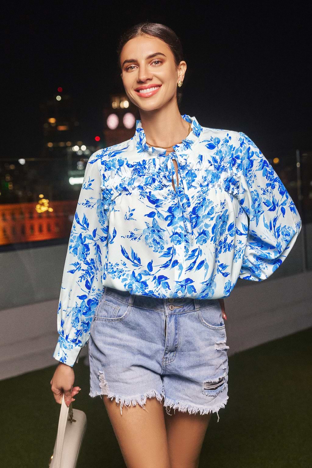 Blue & White Floral Split Neck Puff Sleeve Blouse