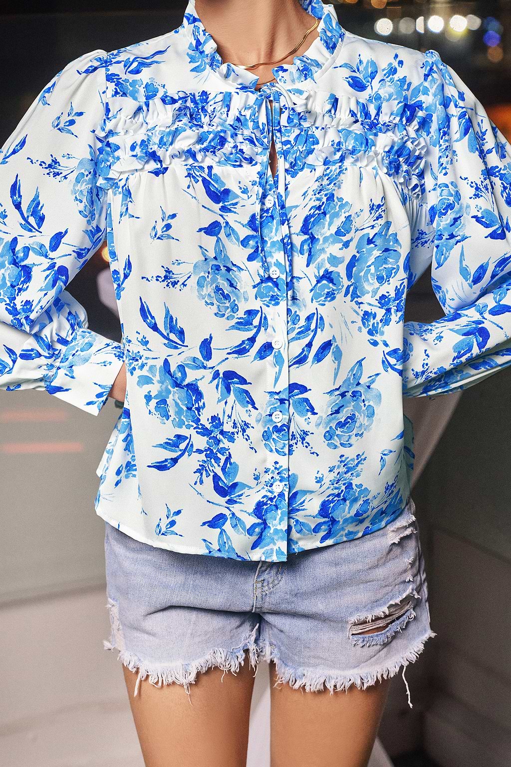 Blue & White Floral Split Neck Puff Sleeve Blouse