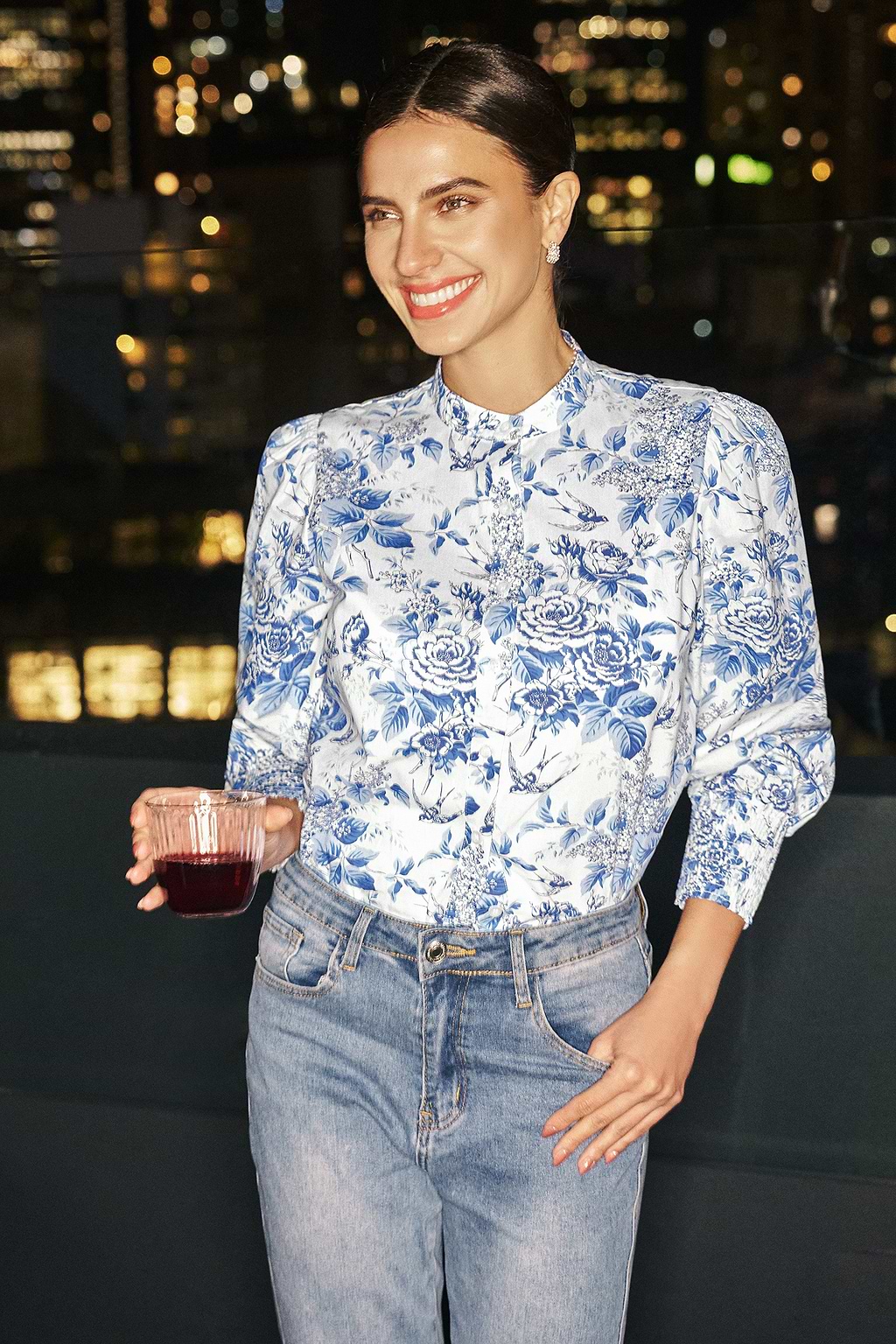 Blue & White Floral Puff Sleeve Standing Collar Blouse