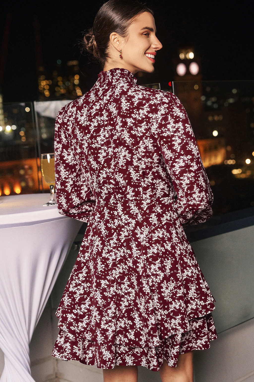 Floral Mockneck Blouson Sleeve Mini Dress