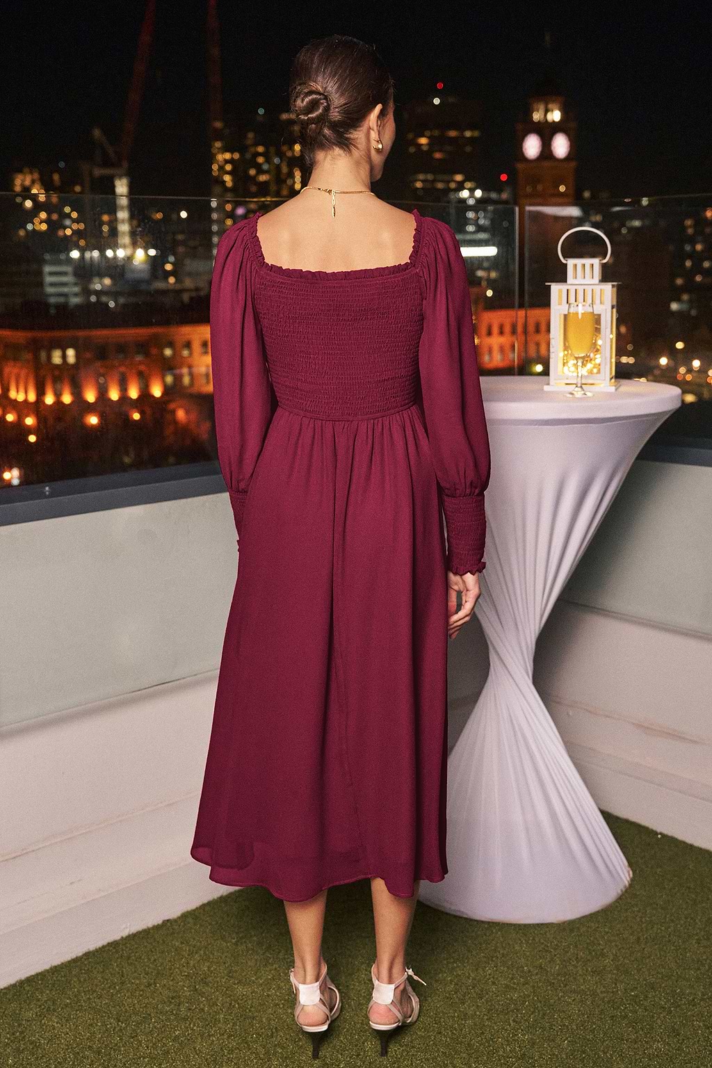 Burgundy Square Neck Sheer Sleeve Midi Dress