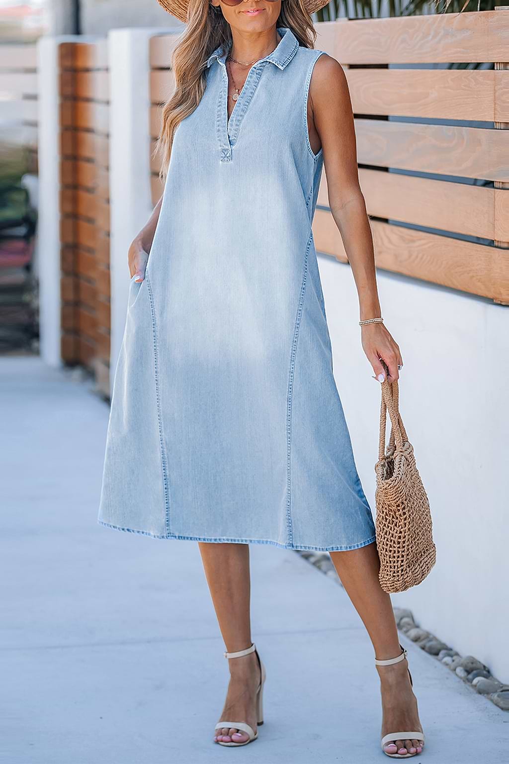 Faded Denim Collared Sleeveless Midi Dress