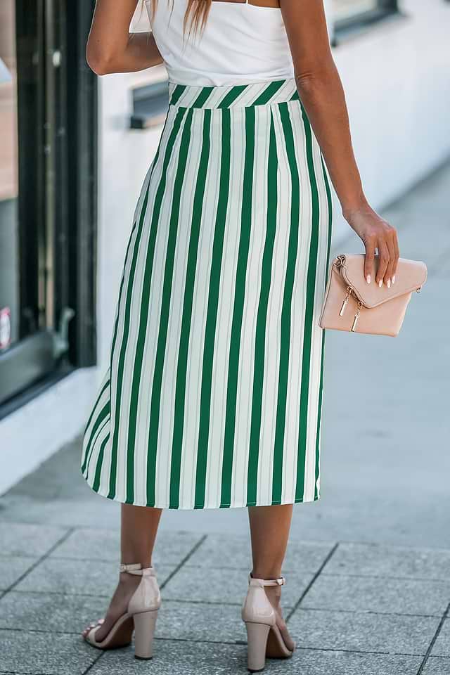Green Vertical Stripe Wrap Midi Skirt