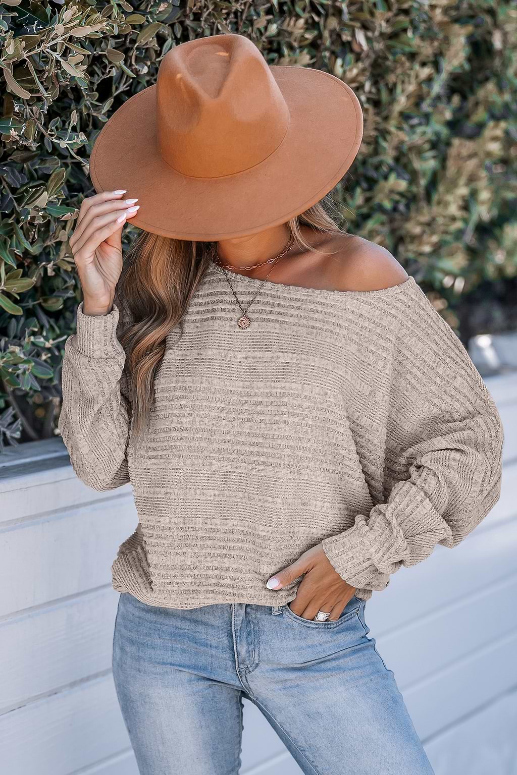Rib Knit Round Neck Long Sleeve Sweater