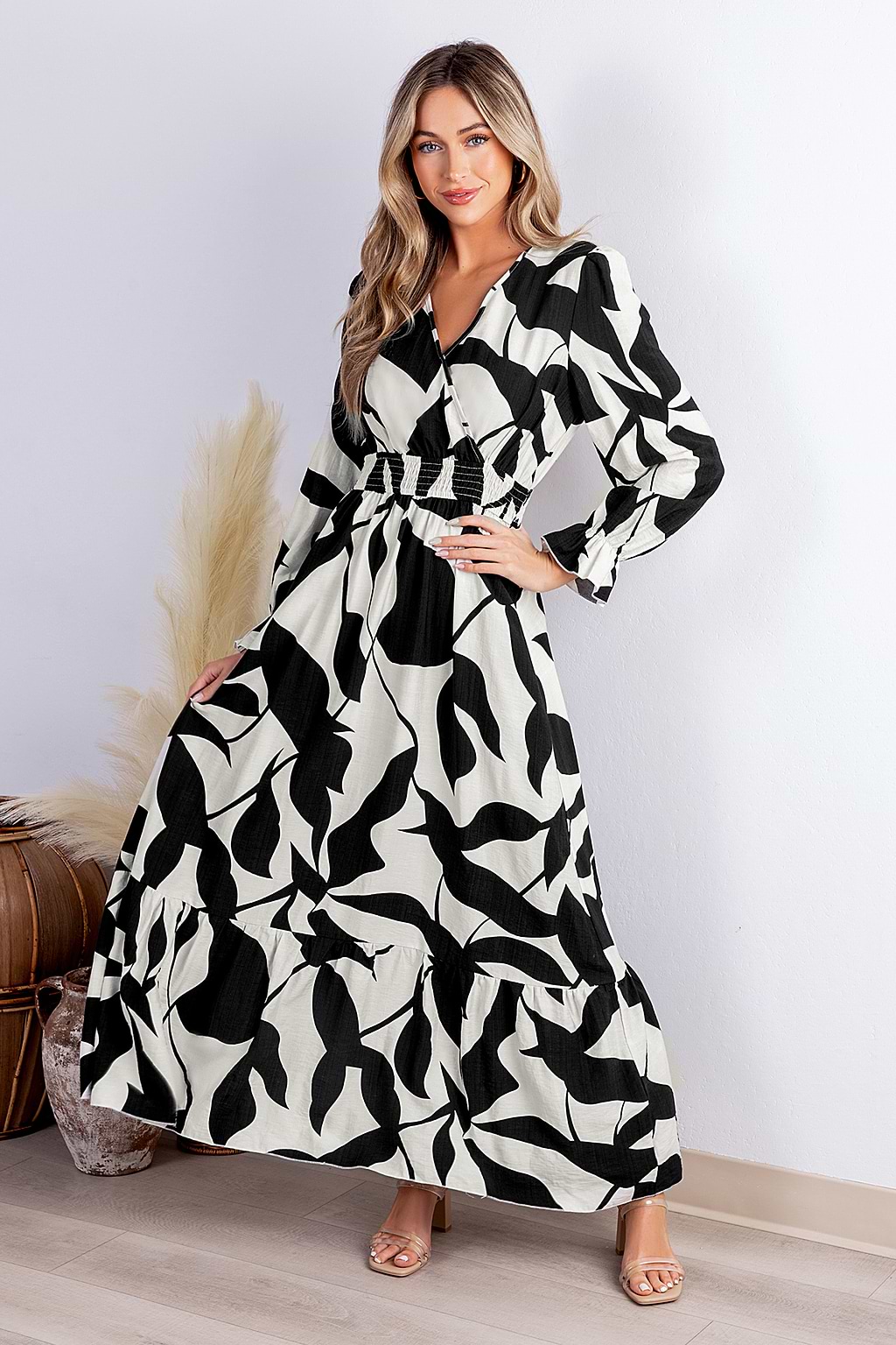 Abstract V-Neck Poet Sleeve Maxi Dress
