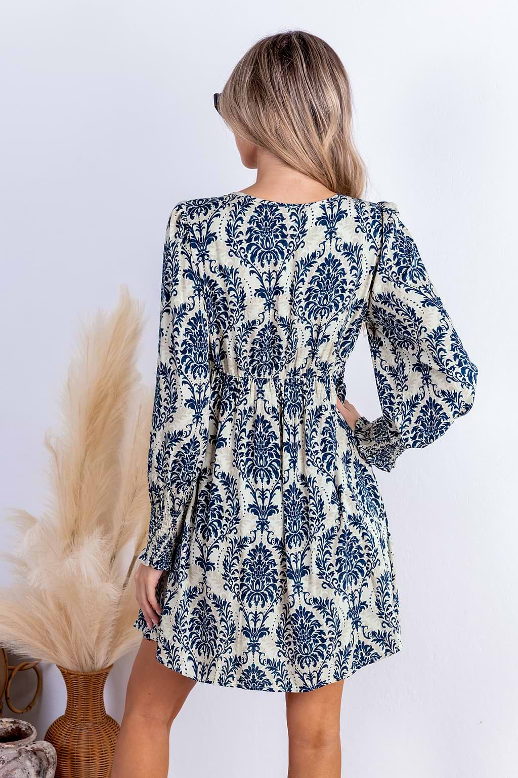 Ornate Plunging Puff Sleeve Mini Dress