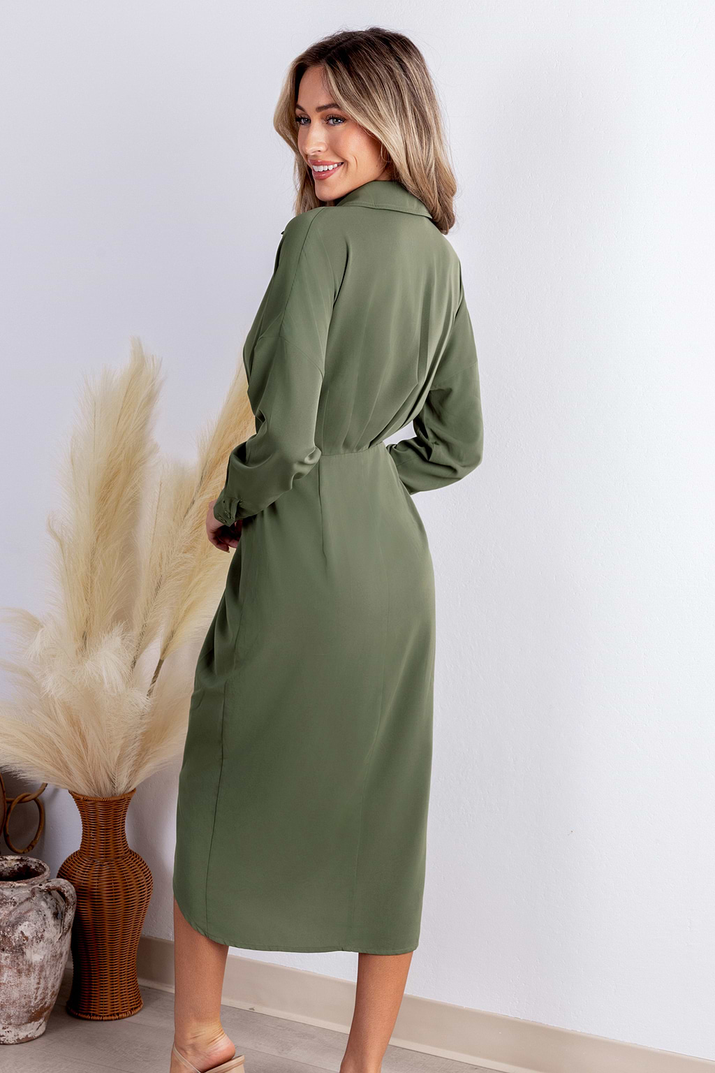 Sage Collared Front Button Midi Shirt Dress