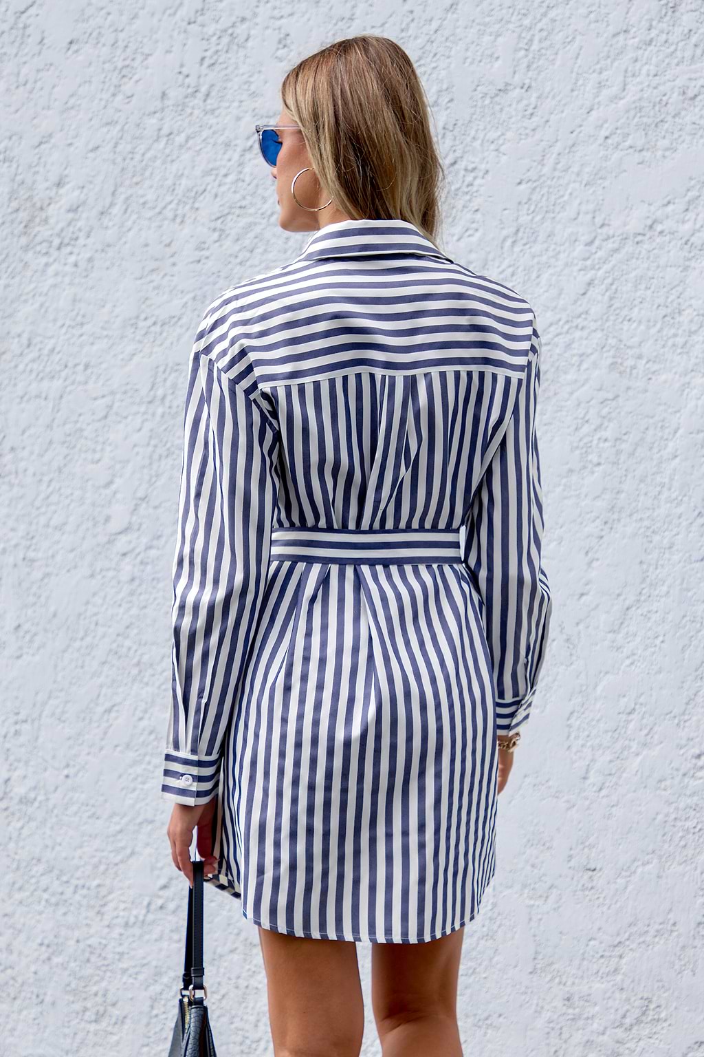 Blue Striped Collared Long Sleeve Mini Shirt Dress