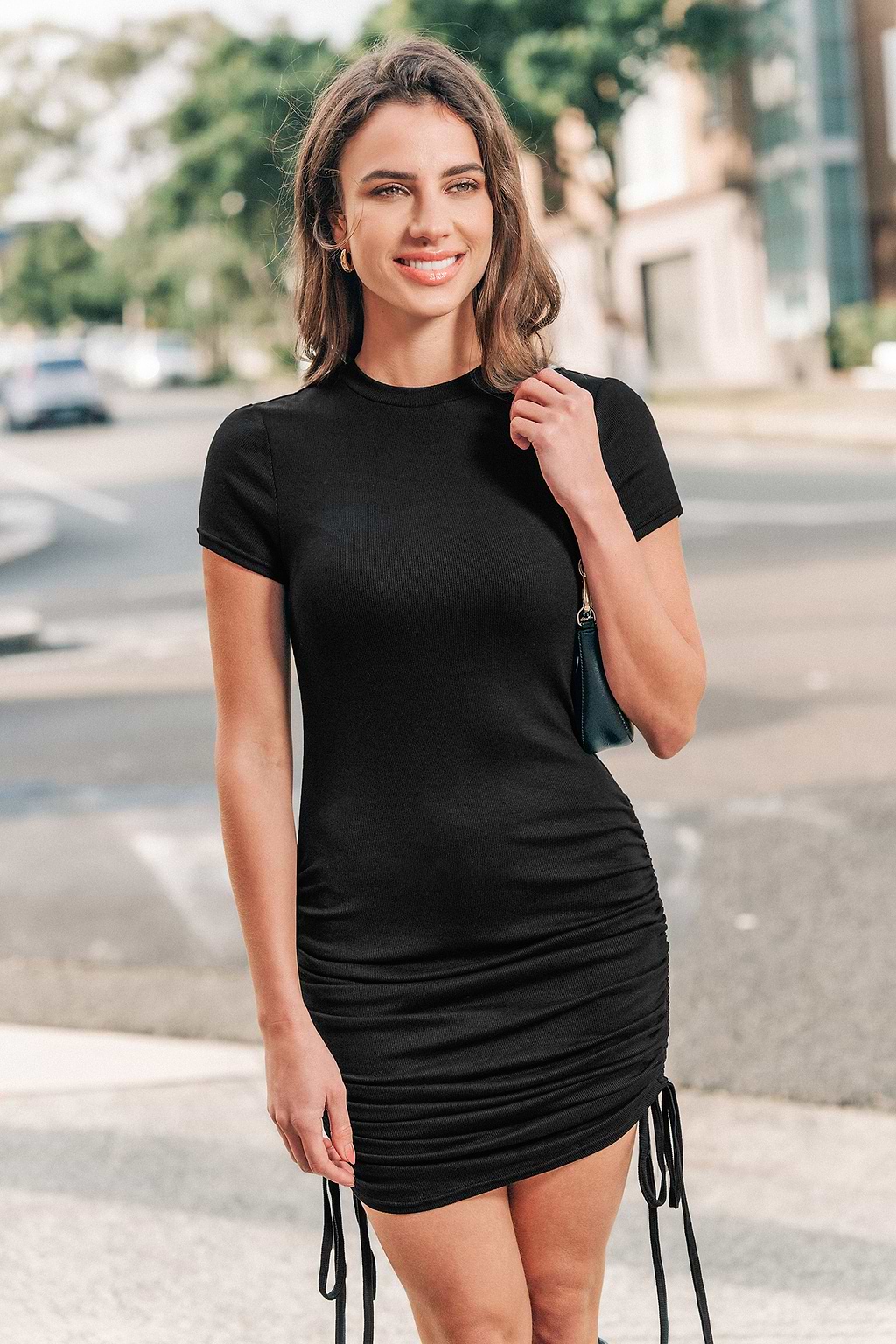Black Round Neck Short Sleeve Drawstring Mini Dress