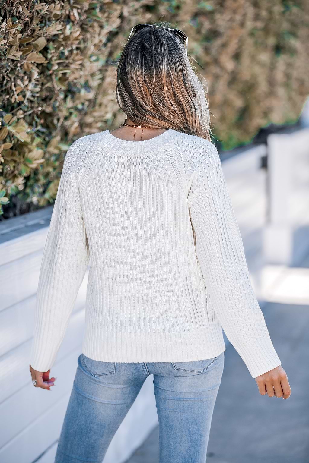 White Ribbed Knit Cutout Sweater