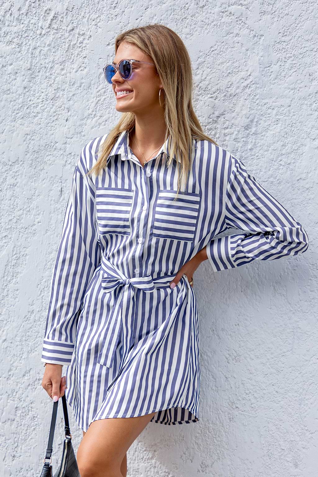 Blue Striped Collared Long Sleeve Mini Shirt Dress
