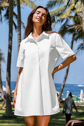 Mi Longue Robe Chemise Blanche Manche Courte Femme Rouge WOMAN Mi