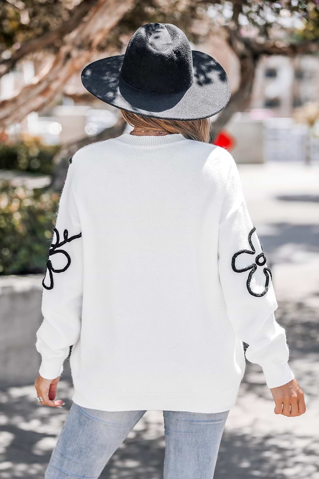 White Long Sleeve Floral Sweater