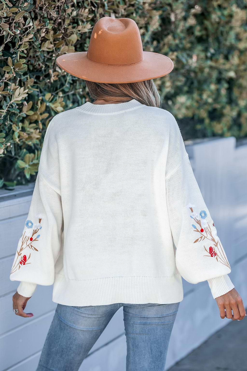 White Floral Embroidered Long Sleeve Sweater