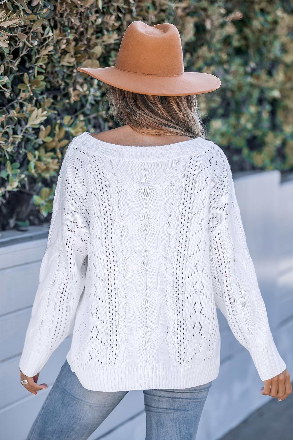 White Cable Knit Off-Shoulder Long Sleeve Jumper