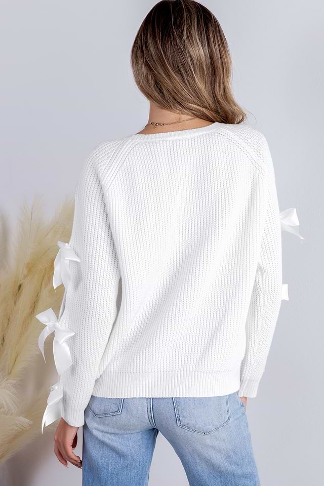 White Bow-Embellished Long Sleeve Sweater