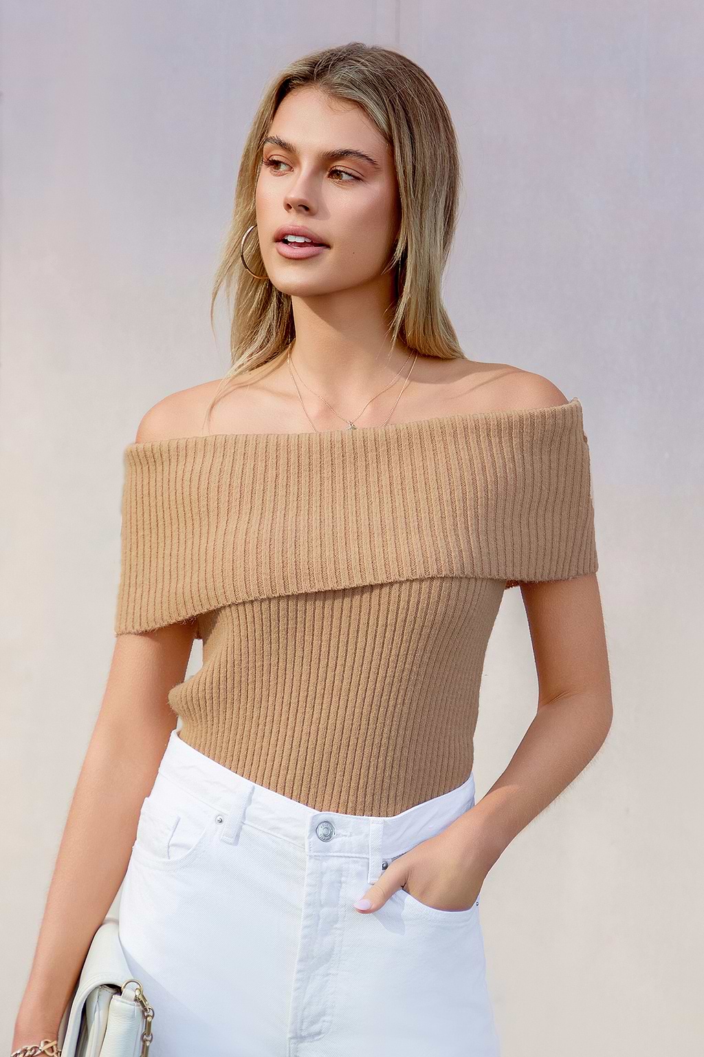 Khaki Ribbed Knit Foldover Off-Shoulder Top