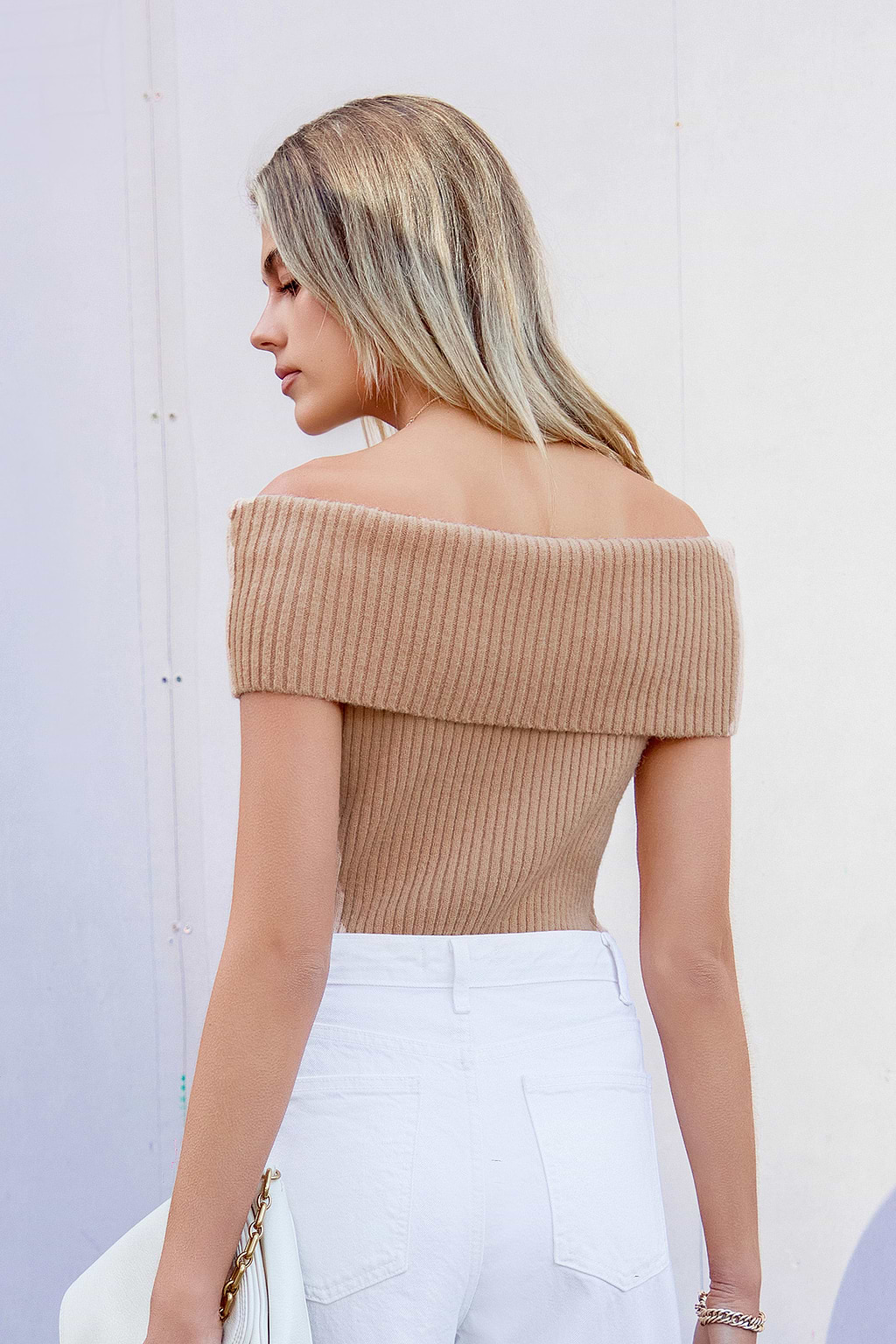Khaki Ribbed Knit Foldover Off-Shoulder Top