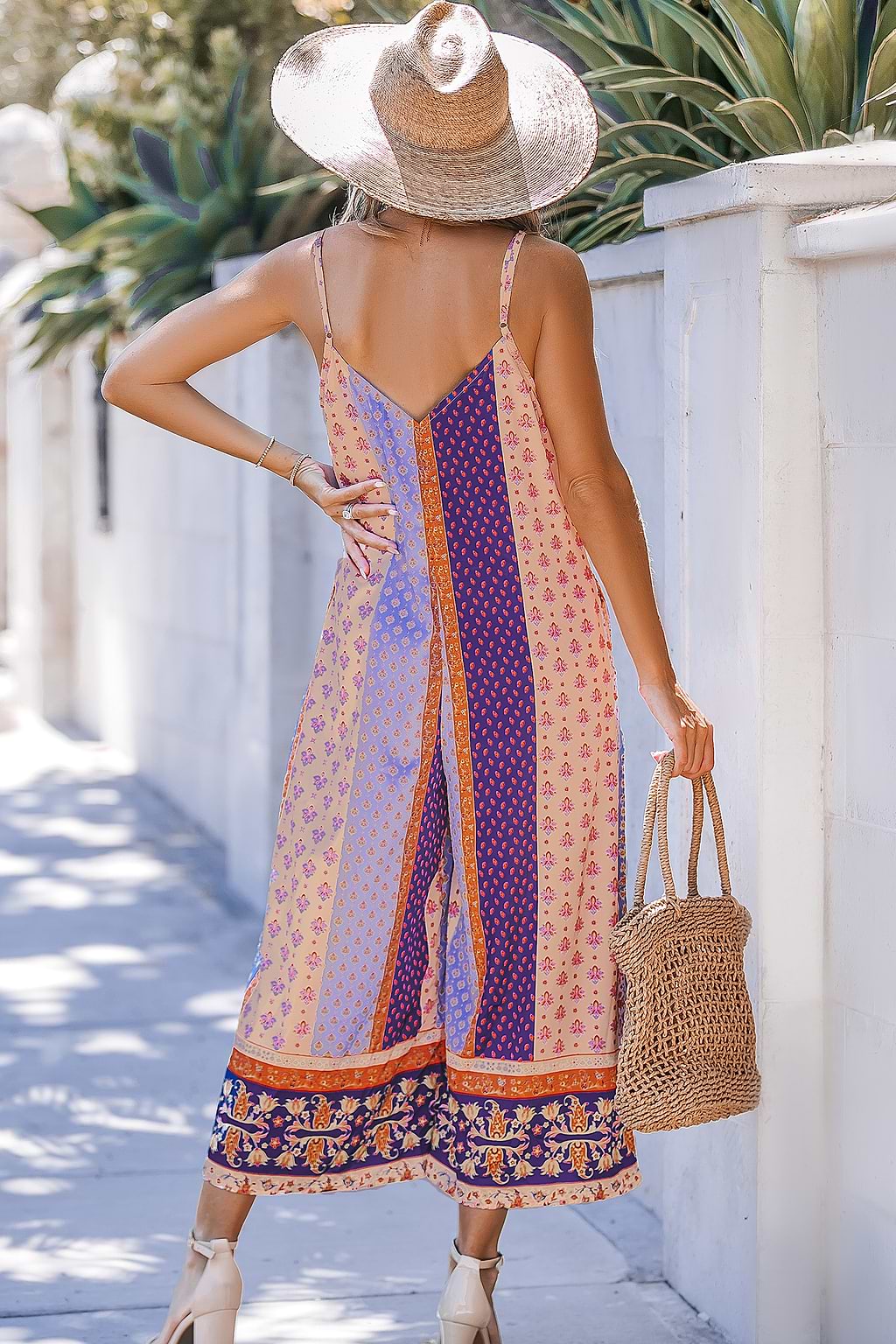 Patchwork Boho Sleeveless Straight Leg Jumpsuit