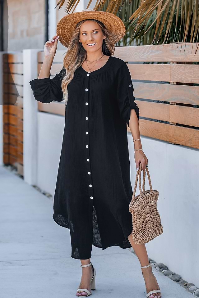 curved hem dress long sleeve Black Round Neck Curved Hem Loose Fit Midi Dress