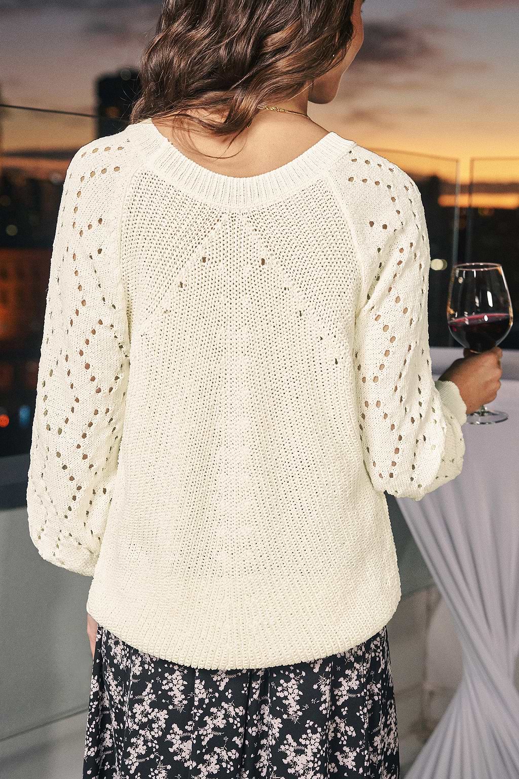 Round Neck Perforated Blouson Sleeve Sweater