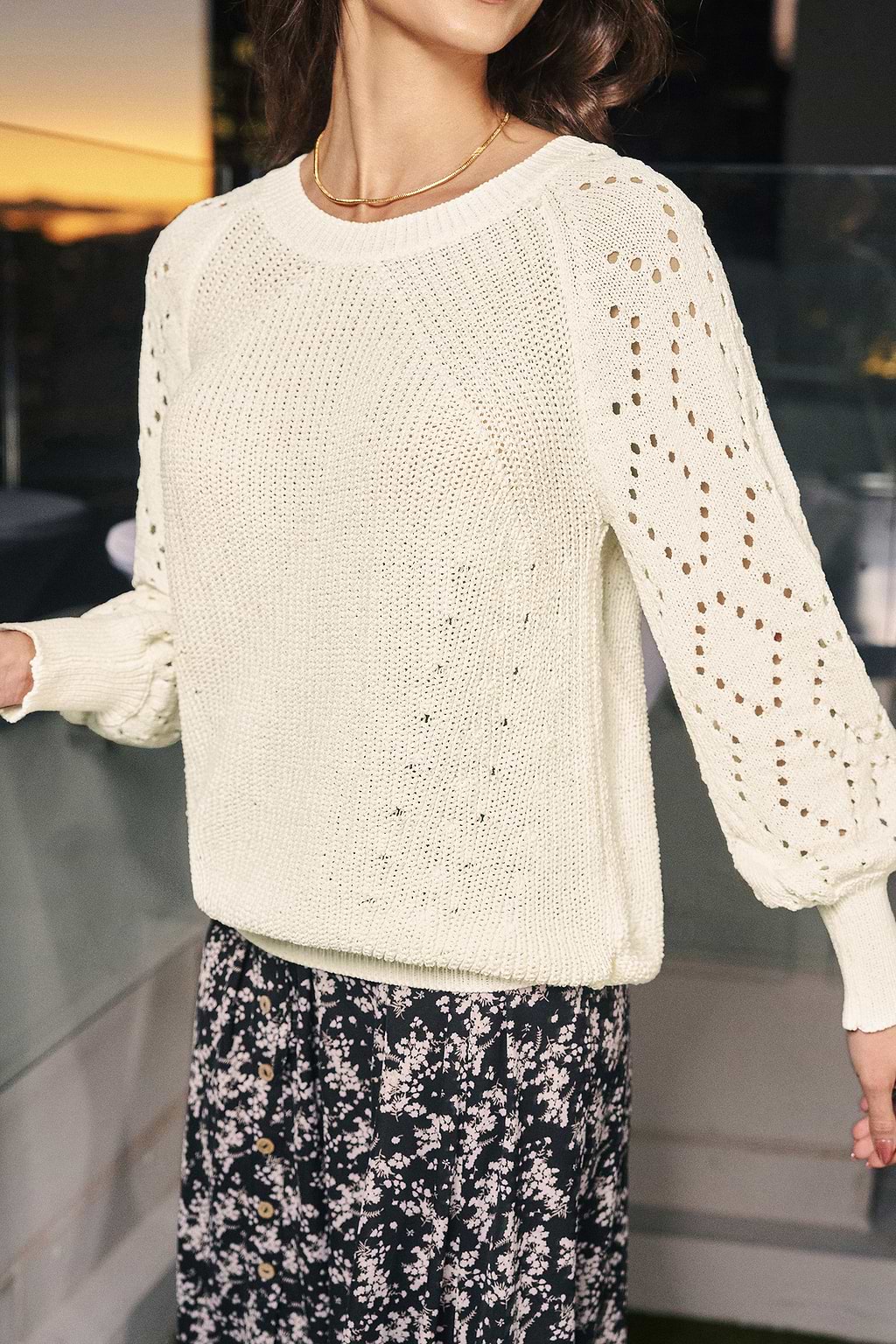 Round Neck Perforated Blouson Sleeve Sweater