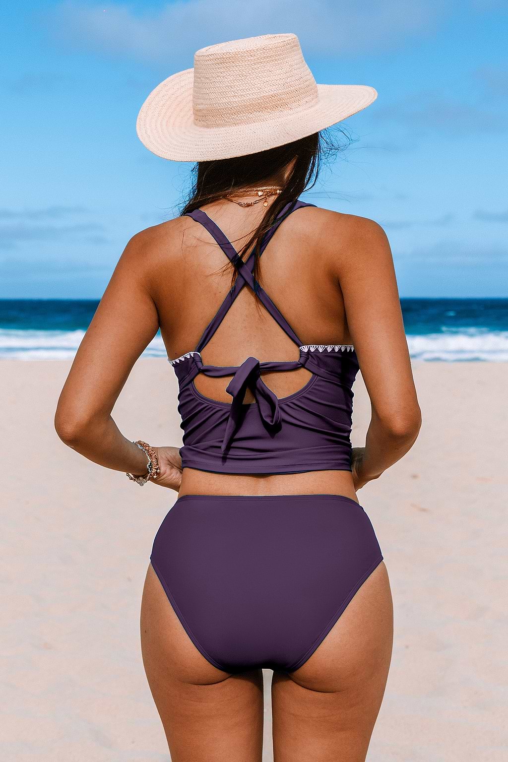 Plum Shell Stitch Tankini Top & Mid-Rise Bottoms Set