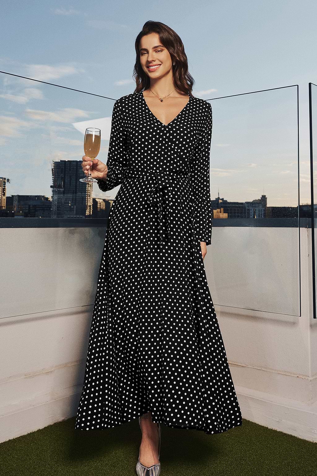 Black & White Polka Dot Long Sleeve Maxi Dress