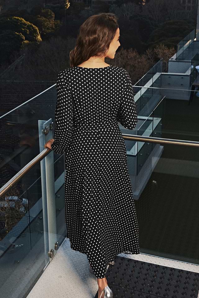 Black White Polka Dot Long Sleeve Maxi Dress