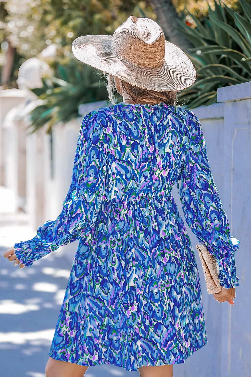 Blue Abstract Plunging Puff Sleeve Mini Dress